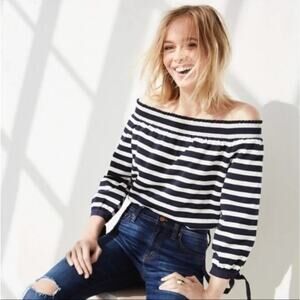J. Crew Striped Off The Shoulder Top Navy Blue White G2549 Size L